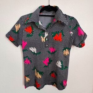 Retro 60s/70s blouse with vintage pear pattern - Navy blue, Size S